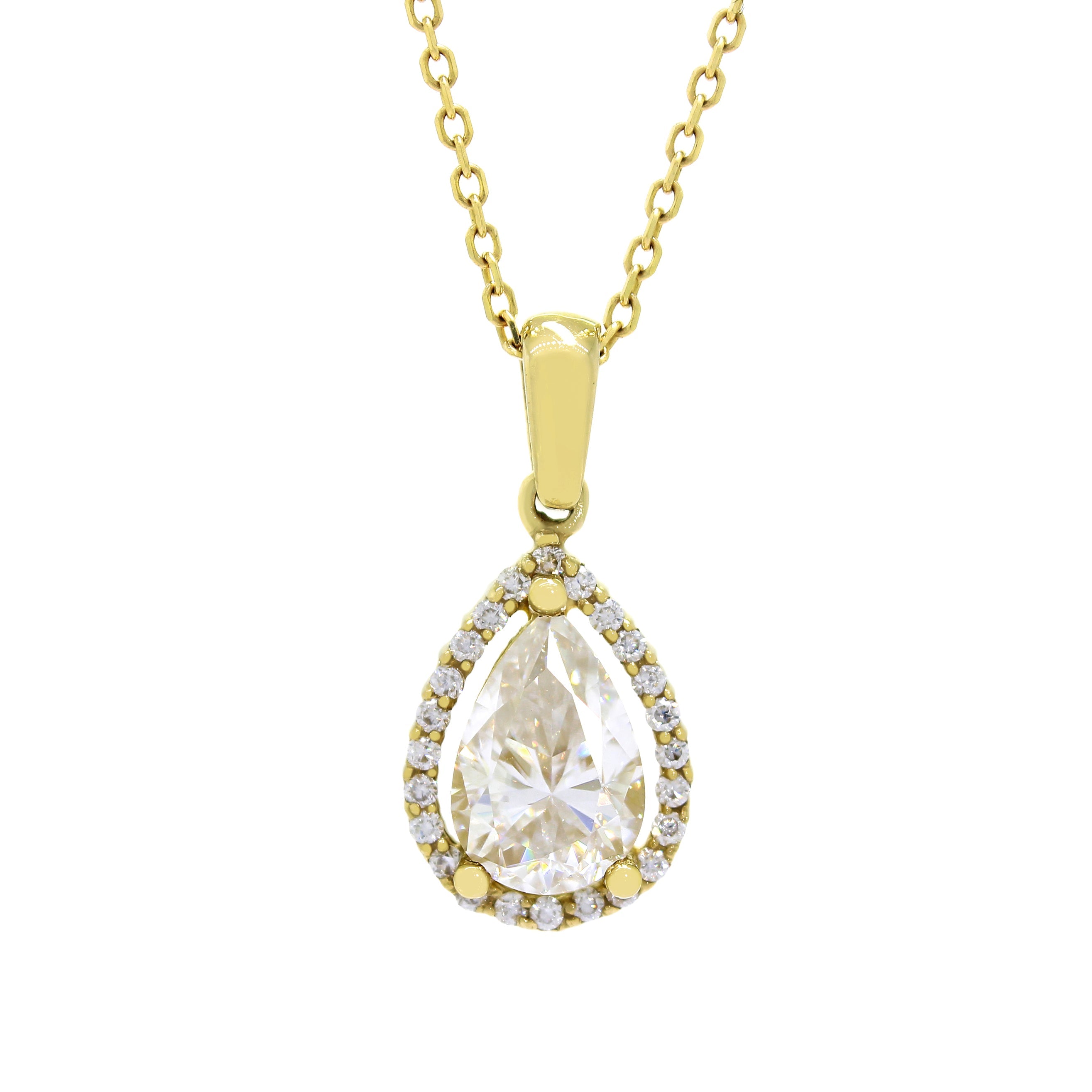 A product photo of a modern and elegant moissanite halo pendant in 9k yellow gold. The pear shaped white moissanite jewel sits at the base of a teardrop-shaped frame of solid yellow gold, adorned with moissanite smalls details.