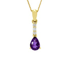 A product photo of a 7x5mm Pear Amethyst and Diamond Earrings in 9ct Yellow Gold suspended against a white background. A golden strip connects the amethyst stone to the stud, adorned with 3 diamonds. It is suspended by a simple gold chain. The amethyst reflects velvety purple hues across its multi-faceted edges.