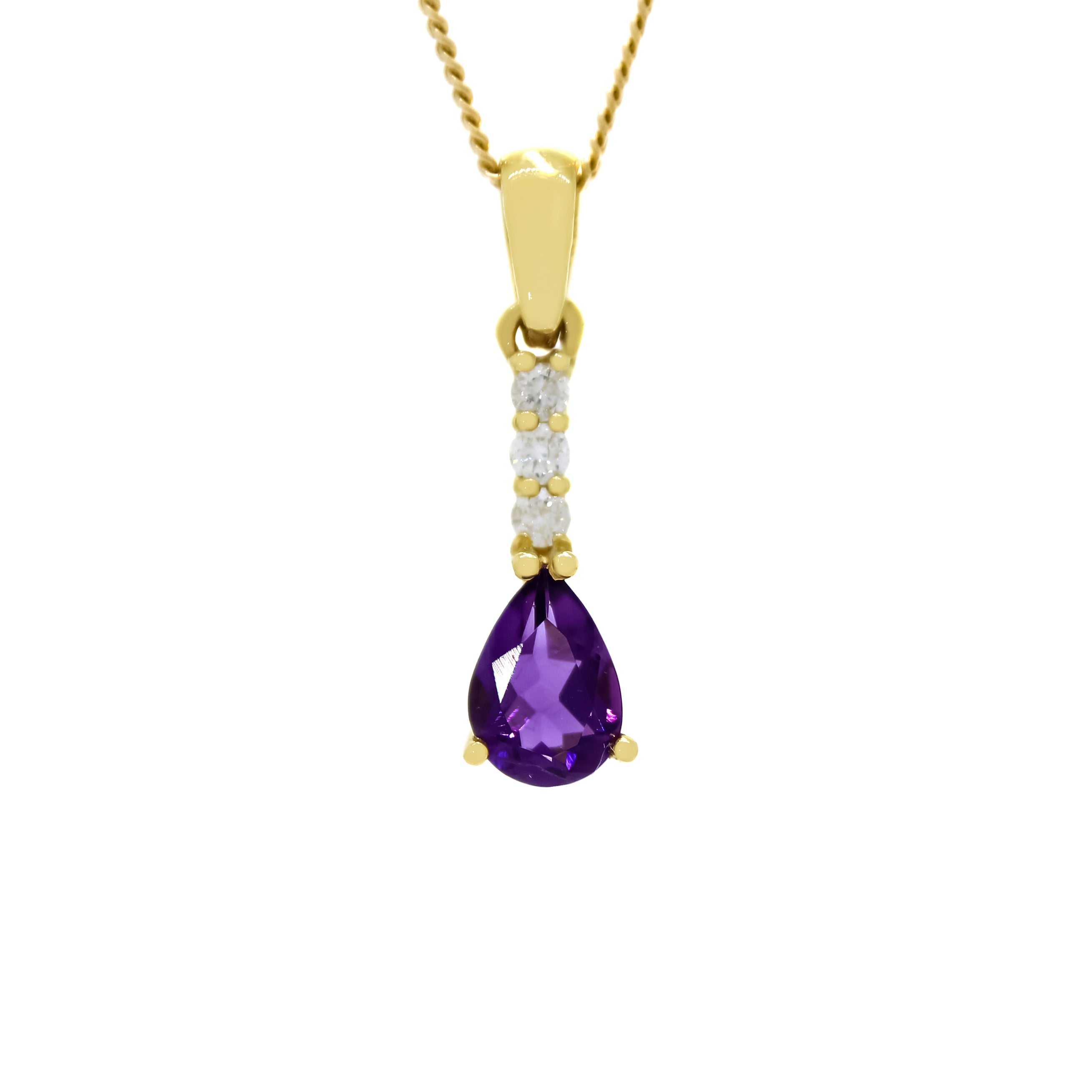 A product photo of a 7x5mm Pear Amethyst and Diamond Earrings in 9ct Yellow Gold suspended against a white background. A golden strip connects the amethyst stone to the stud, adorned with 3 diamonds. It is suspended by a simple gold chain. The amethyst reflects velvety purple hues across its multi-faceted edges.