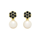 This product image features a pair of solid 9 karat yellow gold pearl and black diamond earrings. The design consists of 5 black diamonds and one white pearl for each earring, with the 5 black diamonds arranged in a floral-like design above each pearl - set in a golden frame