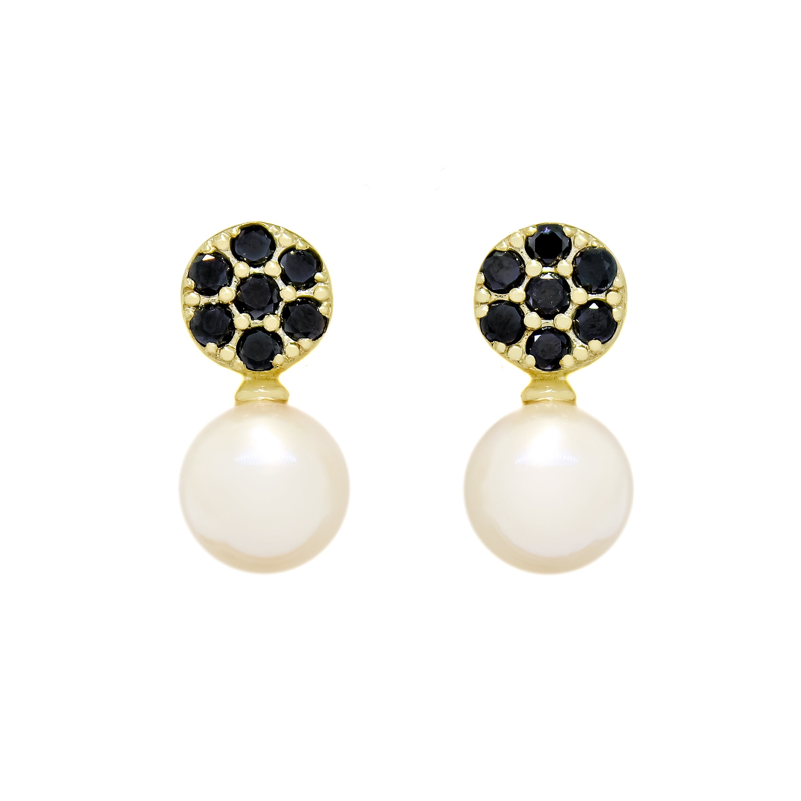 This product image features a pair of solid 9 karat yellow gold pearl and black diamond earrings. The design consists of 5 black diamonds and one white pearl for each earring, with the 5 black diamonds arranged in a floral-like design above each pearl - set in a golden frame