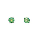 A product photo of two 9ct white gold stud earrings sitting on a white background. Held in place by 4 golden claws each are two dazzling 5mm round-cut green moissanite stones, reflecting brilliant rainbow colours hues from their many edges.