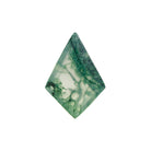 A product image of a loose 14x10mm faceted moss agate stone in the classic kite-shaped gemstone cut. The stone has a cool white milky colour, with deep, swirling green natural inclusions - appearing as moss-like structures or delicate inkspills within the stone. The faceted edges reflect bright white light.