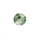 A product image of a loose 8mm faceted round-cut moss agate stone. The stone has a cool white milky colour, with deep, swirling green natural inclusions - appearing as moss-like structures or delicate inkspills within the stone. The faceted edges reflect bright white light.