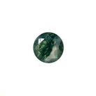 A product image of a loose 8mm faceted round-cut moss agate stone. The stone has a cool white milky colour, with deep, swirling green natural inclusions - appearing as moss-like structures or delicate inkspills within the stone. The faceted edges reflect bright white light.