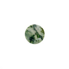 A product image of a loose 7mm faceted round-cut moss agate stone. The stone has a cool white milky colour, with deep, swirling green natural inclusions - appearing as moss-like structures or delicate inkspills within the stone. The faceted edges reflect bright white light.