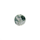 A product image of a loose 7mm faceted round-cut moss agate stone. The stone has a cool white milky colour, with deep, swirling green natural inclusions - appearing as moss-like structures or delicate inkspills within the stone. The faceted edges reflect bright white light.